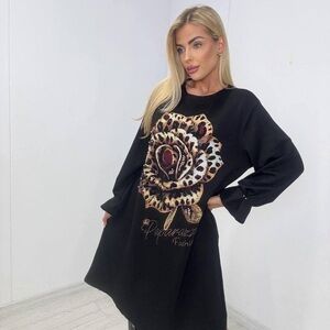 Limited! Black Dress with Leopard Rose Design from Poland